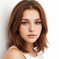 Naklejka premium portrait of a beautiful young woman with brown hair on white background, copy space and empty space for text
