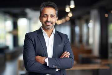 Successful mature Indian businessman posing with crossed arms smiling at the camera in office - obrazy, fototapety, plakaty