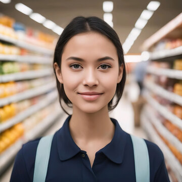 Mujer joven morena comprando en un supermercado close-up retrato 