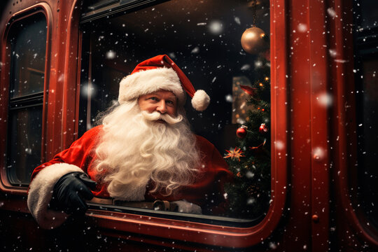 Santa claus traveling by train in first class