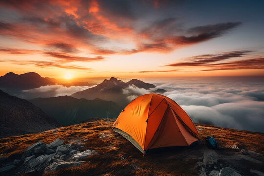 Tent standing on top of a mountain during sunset, landscape view, camping on top of a mountain