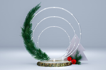 christmas mockup, product placement. Christmas composition. Round Garland, red balls and fir tree...