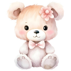 Cute girly bear nursery watercolor design with transparent background, PNG illustration