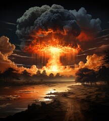 Atomic explosion of a nuclear bomb with a mushroom cloud