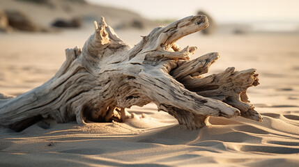 Weathered Trunk on Windy Beach Sand - obrazy, fototapety, plakaty