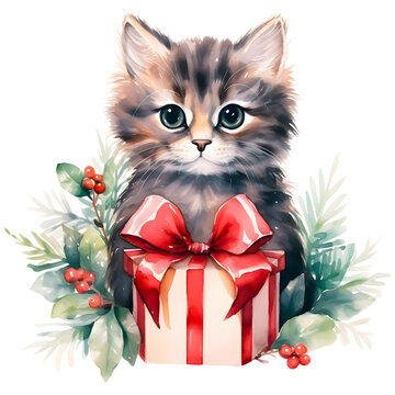 Cute christmas cat watercolor design with transparent background, PNG illustration