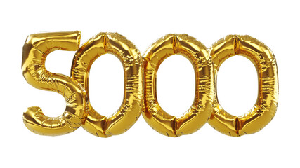 3D render of balloon number five thousand isolated on white background. Party decoration golden...