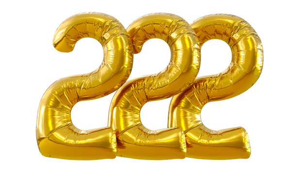 3D render of balloon number two hundred twenty-two isolated on white background. Party decoration golden balloons. Anniversary