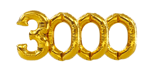 3D render of balloon number three thousand isolated on white background. Party decoration golden balloons. Anniversary