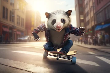 Poster Happy aposum rides a skateboard through the city streets © Dinara