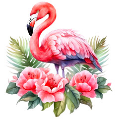 Fototapeta premium Floral flamingo watercolor design with transparent background, PNG illustration