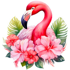 Floral flamingo watercolor design with transparent background, PNG illustration