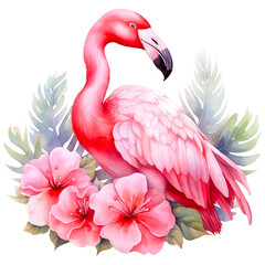 Floral flamingo watercolor design with transparent background, PNG illustration