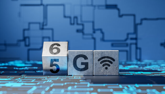 Computer system and 6G system equipment. 5G to 6G technology concept on blue digital background. Technology transformation change from 5G to 6G. 3d rendering