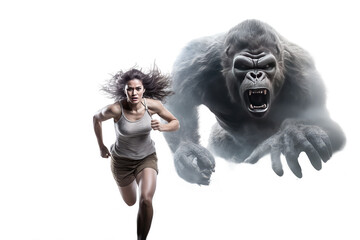 woman running from king kong isolated on white - obrazy, fototapety, plakaty