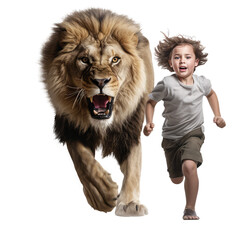 boy running from lion isolated on white