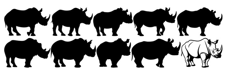 Rhino silhouettes set, large pack of vector silhouette design, isolated white background