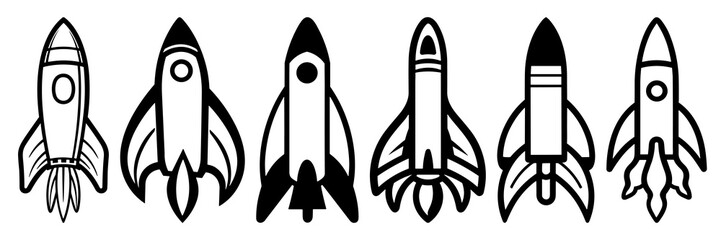 Rocket space silhouettes set, large pack of vector silhouette design, isolated white background