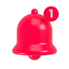 Red bell with one red notification. Concept of new notification for social media reminder. 3d rendering.