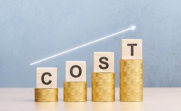 Cost increase Concept. Cost text with up arrow. increase in cost of product services, modernization, credit products