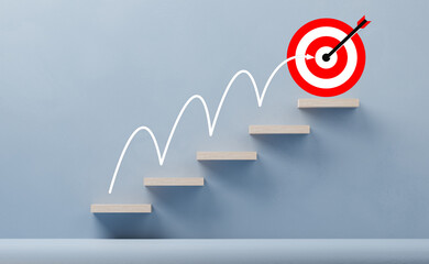 wooden ladder and arrow moving step by step towards goal. Business goal achievement step by step....