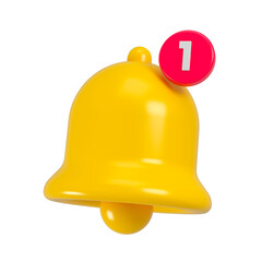 Yellow notification bell with one red notification. Concept of new notification for social media reminder. 3d rendering.