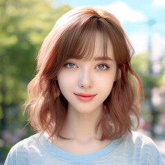Fototapeta premium [salon kei],a girl with soft light brown hair is photograph, in the style of realistic hyper-detailed photograph [background city weather fine autumn],natural makeup,[hyper-realistic skin texture]