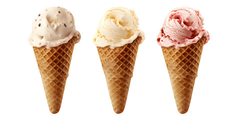 Cream scoop on waffle cone on transparent background