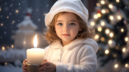 Adorable little girl with candle in hands on background of Christmas lights