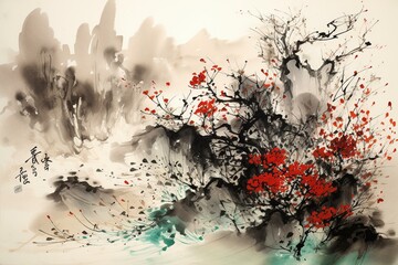 Traditional art depicting the harmonious beauty of Chinese painting and calligraphy, expressive and elegant. Generative AI