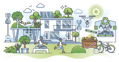 Green urban infrastructure and sustainable living community outline concept. Environmental society with healthy residential area vector illustration. Alternative energy and effective waste management - obrazy, fototapety, plakaty