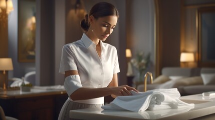 A beautiful maid prepares clean towels in a bedroom inside a luxurious hotel. - obrazy, fototapety, plakaty