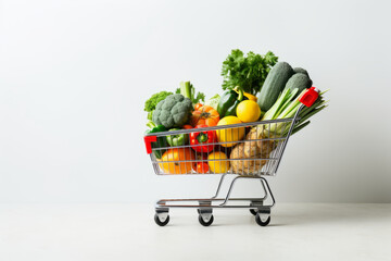 Fruits and vegetables arranged in a miniature shopping cart. Generative AI