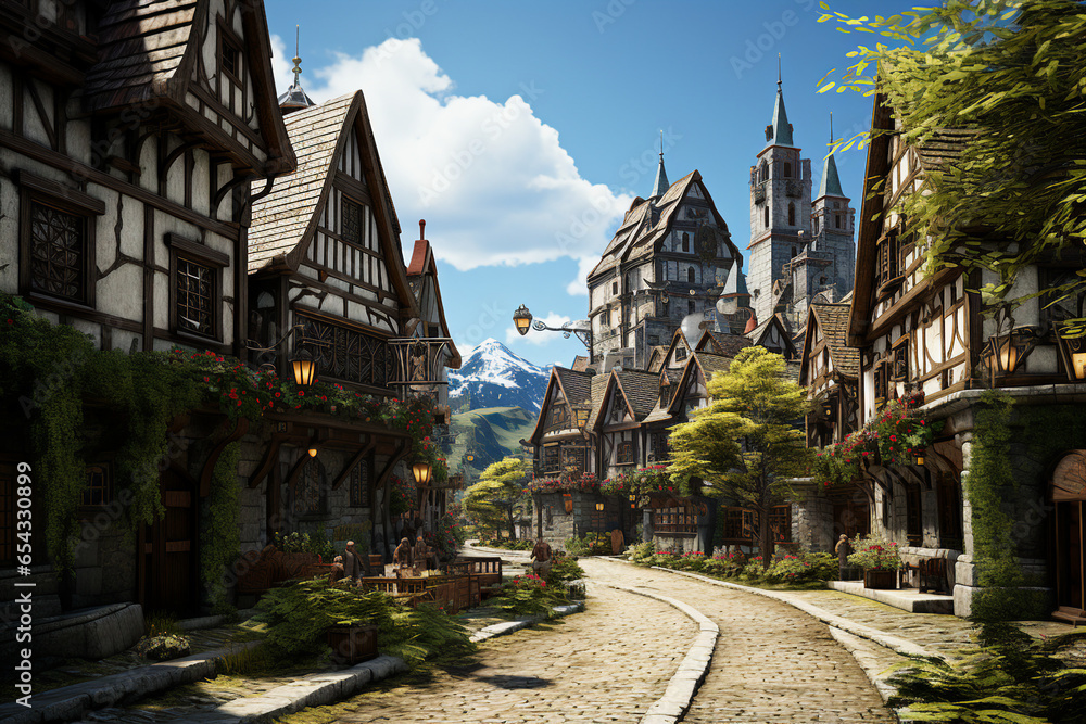 Poster medieval village background environment for computer mobile game generative ai picture