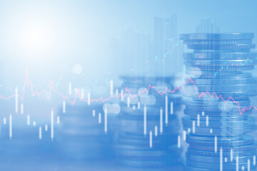 Double exposure of coins and city background for finance and banking concept. investment, valuable asset to gain wealth profit,  asset management. - obrazy, fototapety, plakaty