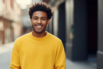 Fototapeta premium Portrait made with generative AI of a handsome cheerful stylish guy walking in the city