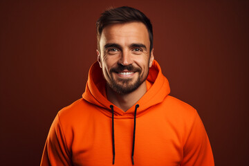 Fototapeta premium Handsome young man with clean fresh skin nice beard isolated on brown color background generative AI photography