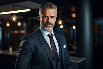 AI generated photo image of handsome confident virile man working as boss of a big international company