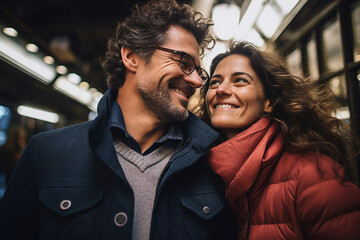 Fototapeta premium Photography generative AI concept of handsome man and charming girl in love walking together on an evening date