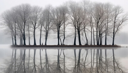 A serene winter scene with clean, minimalist trees and their reflections on a tranquil lake