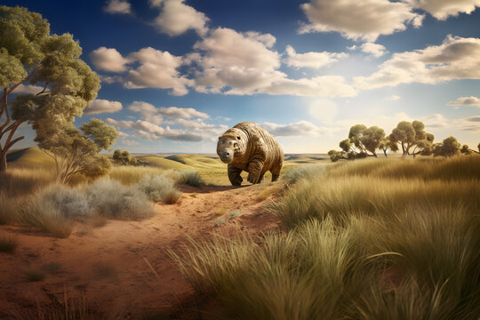 Extinct Diprotodon walking on an Australian Plain