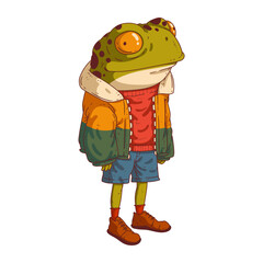 Frog man, isolated vector illustration. A cartoon image of a toad in a warm jacket. A painted sticker with an image of an animal. Anthropomorphic frog on a white background. Animal character.