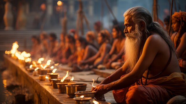 Photo showing the spiritual and sacred pilgrimage to the holy city of Varanasi - Created with AI Technology