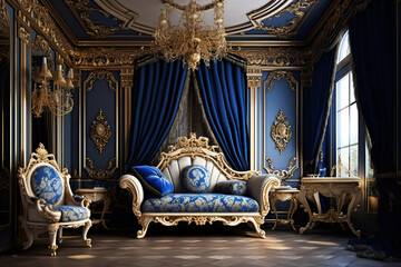 royal blue, gold and ivory color palette, living room, interior design, rococo baroque