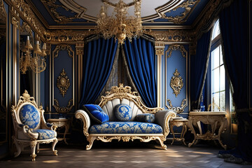 Fototapeta premium royal blue, gold and ivory color palette, living room, interior design, rococo baroque