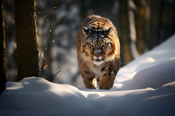 Sabre tooth tiger (Smilodon fatalis) stalking prey in a snowy woodland