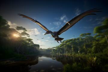 Quetzalcoatlus flying through a prehistoric landscape