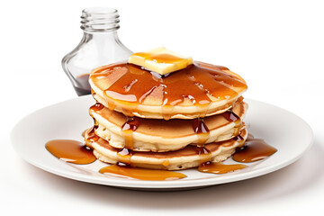 Plate of Pancakes with Maple Syrup Isolated on a white Background - obrazy, fototapety, plakaty