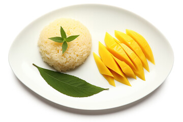Plate of Mango and Sticky Rice Isolated on a white Background