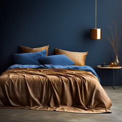 Bedroom interior in deep blue and gold colors. A double bed with pillows, a deep blue blanket, and a mustard bedspread against a dark blue wall, a gold pendant above a bedside table with decoration.